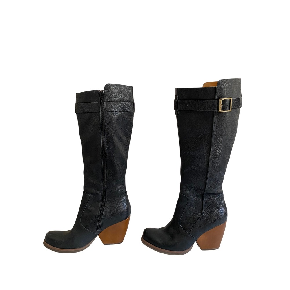 Korks by Kork-Ease EUC Black Pebbled Leather Tall Block Heel Boots 7M Zip Buckle